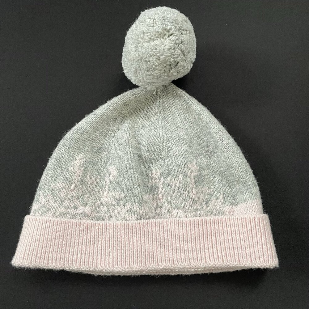 New Talbots Winter Kids Baby Pom Pom Hat Gray Pink Merino Wool Blend
